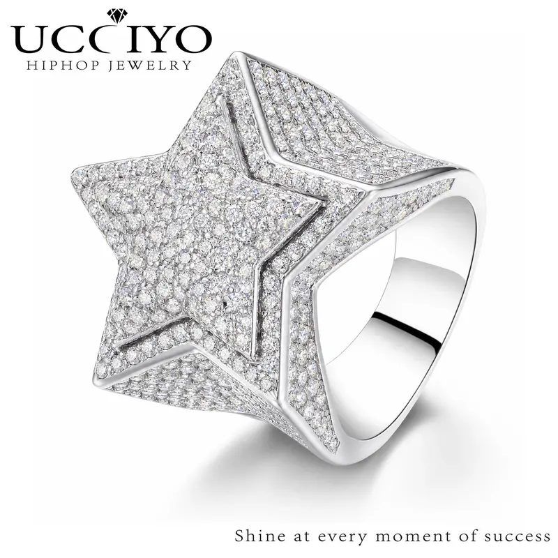 UCCIYO S925 Sterling Silver 5-Star Moissanite Band Ring R46, D Color VVS1 Round Synthetic Moissanite, Luxury Hip Hop Engagement Promiserings, Casual Artificial Gemstone Rings【#R46】