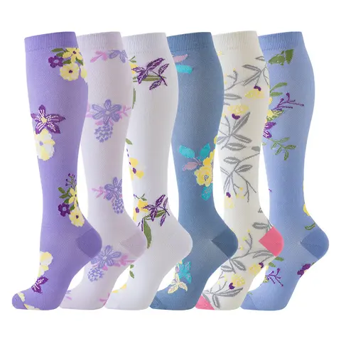 Women's 6-Pack High Compression Knee-High Socks - Floral Pattern, Performance-Boosting, Moisture-Wicking, Knitting Fabric, Everyday Fit, Polyester, Absorbent for Running, Nursing