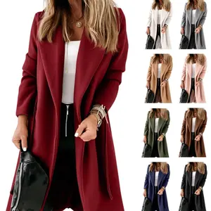 Imily Bela Womens Classic Coat Lapel Collar Open Front Belted Long Jacket