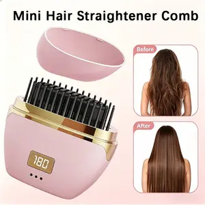1 PC Mini Cordless Hair Straightener Comb - Rechargeable USB- Portable Pocket-Sized Hot Comb with Comb Tip for Bangs, LCD dispaly 3 Temperature can be seen,the- Smoothing, Fast Styling for Straight Hair, Travel-Friendly Hair