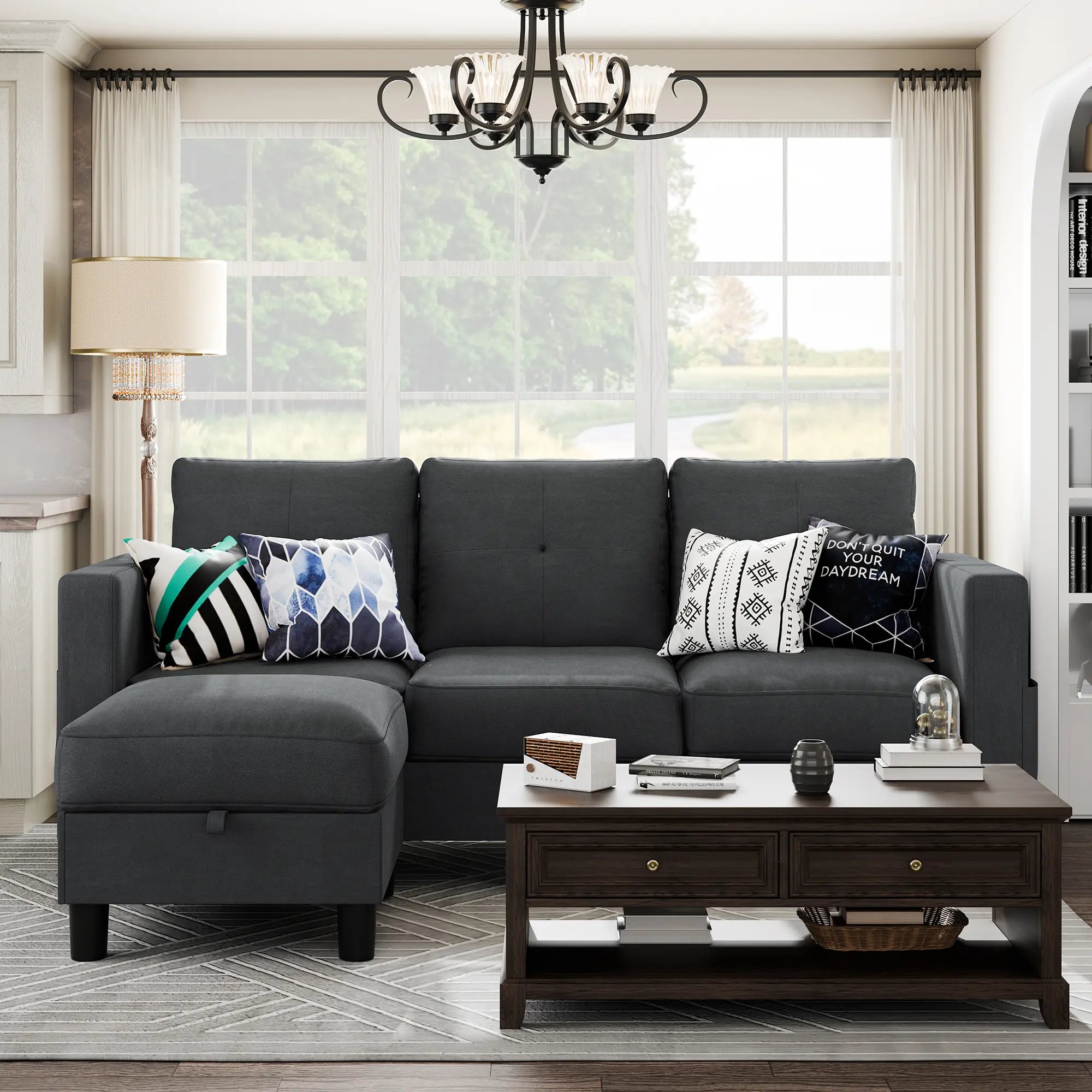 Vongrasig Linen Style Upholstered Corner Sofa, 3-Seat Convertible L Shape Couch, Detachable Pillow Design, Pet Friendly Fabric for Home & Small Office Use