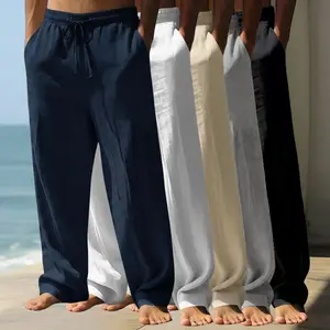 Men’s 5-pack solid-color breathable straight-leg pants made from Lyocell linen fabric—loose, casual, comfortable drawstring long pants for summer beach and everyday wear.