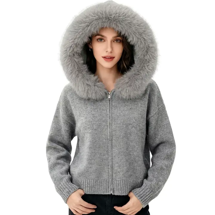 Yimoon Faux Fur Hooded Cardigan Sweaters for Women Open Front Zip Up Chunky Knit Cardigan with Fur Hood