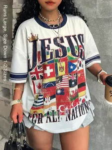 Women's Trendy Jesus Street Style OVERSIZED T-Shirt, Casual Graphic Tee with Bible Verse, Unisex Daily Wear, Loose-Fitting Short Sleeve, Streetwear, Everyday