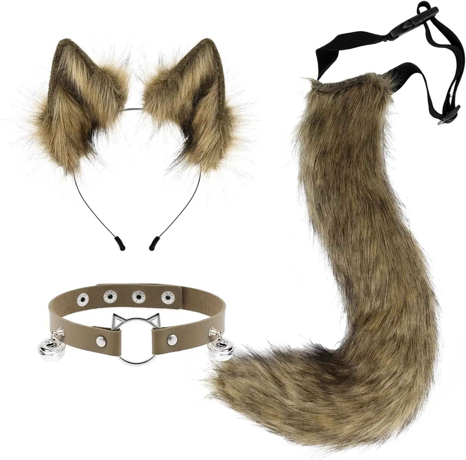 Furry Animal Cat Fox Tail Faux Fur Wolf Ear Headband Leather Neck Chocker Costume Set for Party Halloween Cosplay
