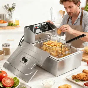6QT capacity deep fryer, with basket and lid, 6L countertop stainless steel temperature-controlled deep fryer, suitable for both household and commercial use. (Note: Be careful of the edges when using.)