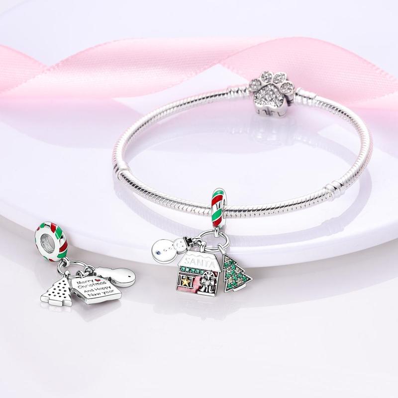 MULA 925 Silver Plated Snowman and Christmas Tree Pendant | Festive Enamel and Sparkling Zirconia | Holiday Jewelry for Women and Girls | Fits Pandora Bracelets and Necklaces | Perfect Christmas Gift