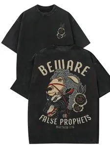 Men's Retro Distressed Washed Black Aesthetics T-Shirt - 1 PCS, Left Chest Small Rose Embroidery/Print, Back "BEWARE OF FALSE PROPHETS" Typography + Wolf In Sheep's Clothing Illustration (Wolf Head, Sheep Head), Casual Tshirt
