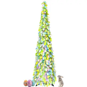 Pop Up Easter Egg Tree, 5FT Artificial Colorful Easter Egg Tree, Collapsible Tinsel Pencil Tree Easy-Assembly Coastal Glitter Artificial Tree for Apartment Party Corner Home Indoor Spring Decor