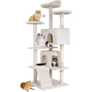 NEW  54" Cat Tree Tower| Beige| Sturdy, Easy to Assemble, Multi-Level Activity Center with Sisal Scratching Posts, Condos, Perches, Hanging Cat Toys, Observation Decks & Ladder