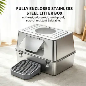 Stainless Steel Litter Box, Closed Silver 23.6x15.7x15.7in Flip-Lid Tray for Cats, Rustproof, Mildew-Resistant, Odor-Resistant, Includes Scoop & Steel Brush, Stylish Minimalist Design