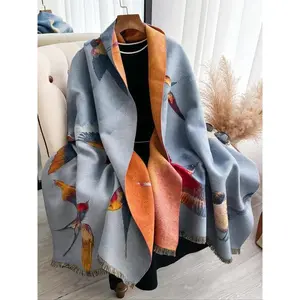 Women's Bird Print Tassel Decor Faux Pashmina Shawl, Casual Soft Warm Long Scarf for Fall & Winter, Fashion Accessories for Women & Girls