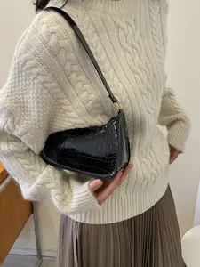 Shiny Croc-Embossed Baguette Underarm Bag, Y2K Style Adjustable Shoulder Purse, Trendy Street-Style Mini Crossbody Bag
