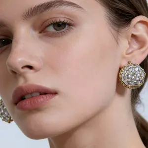 Viral 2026 Trendy 18K Gold Plated Hypoallergenic Nickel Free Eye Catching Hexagon Statement Stud Earrings Sparkling Crystal Zircon Geometric Jewelry for Women Luxury Party Wedding Guest Prom Gifts for Her Girlfriend Mom Bridesmaid Sensitive Ears