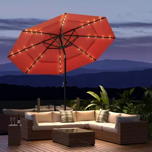 HOMPUS 11FT 3 Tiers Solar LED Patio Umbrella, Outdoor Market Umbrella with Push Button Tilt, Pool Umbrella with 40 LEDs for Deck, Garden, Burgundy