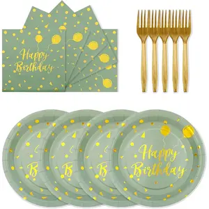 72PCS Happy Birthday Party Tableware Set, Sage Green and Gold Disposable Paper Plates, Napkins and Forks for 24 Guests, Includes 7 Inch Plates, 6.5 Inch Napkins and 6.3 Inch Forks for Birthday Party Decorations