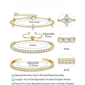 CASSIECA 3PC Stackable Bracelet Set for Women Adjustable 14K Gold-Plated & Silver Stainless Steel Tennis Bracelets with Cubic Zirconia, Fashion Accessories for Women Daily Wear