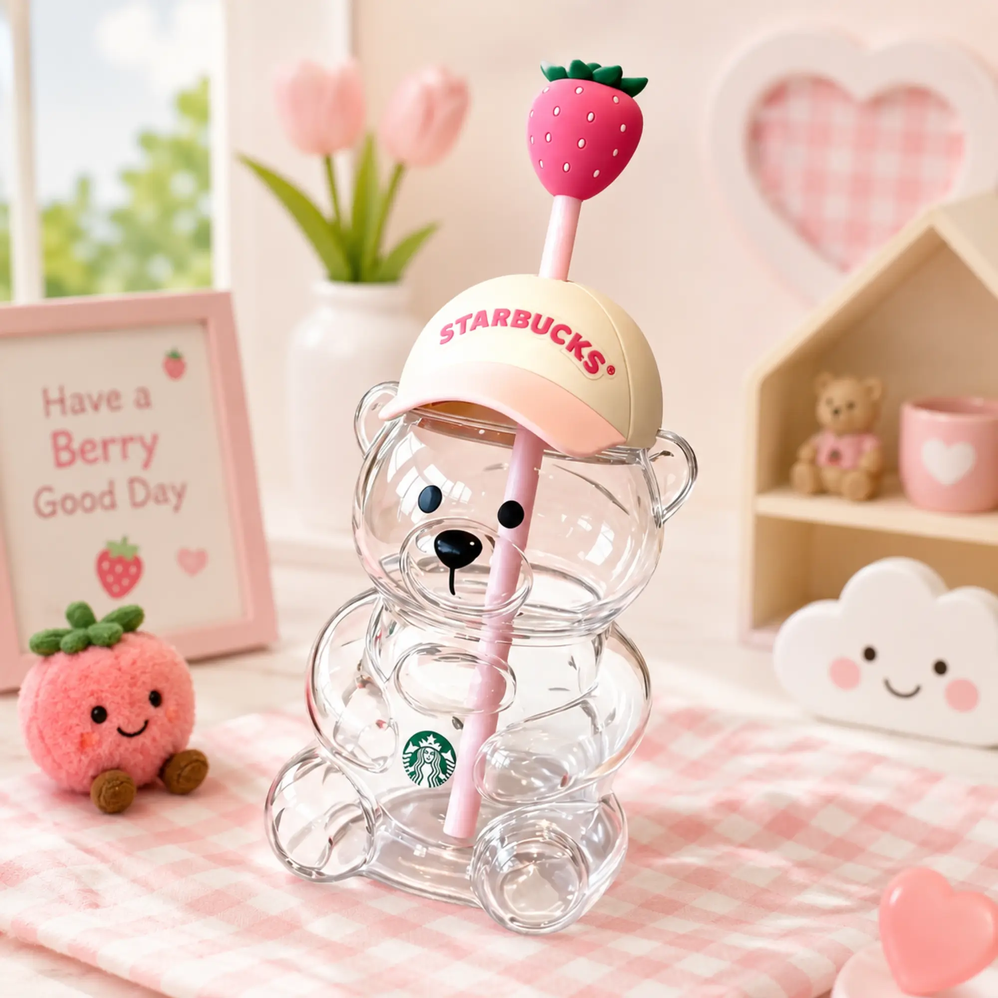 New 20oz Starbucks x KBO Limited Collaboration Bearista Strawberry Bear Cold Cup, Reusable Kitchenware Drinkware Tumbler
