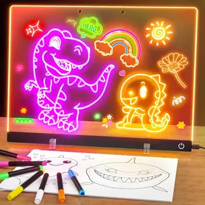 13.7"X10" 6-Color Neon Glow LED Drawing Board for Kids, Light-Up Acrylic Dry Erase Drawing Tablet with Stand, Comes with 7 Markers & Tracing Book, Ideal Gift Toy for Kids Girls Teens Grandkids