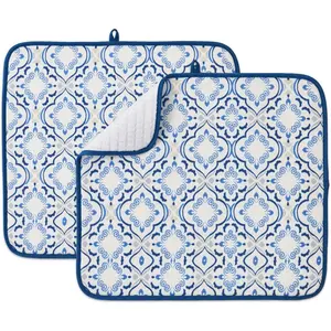 Printed Dish Drying Mats for Kitchen Counter 2 Pack Absorbent Reversible Drying Mats Microfiber Kitchen Countertop Protector Dishes Drying Pad  18"x16" Dish Mat