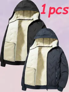 Men's New Fall Winter Fleece Lined Hooded Cotton Casual Solid Color Jacket, Lamb Fur Inner Warm Coat, Thickened Hoodie Outerwear for Cold Weather