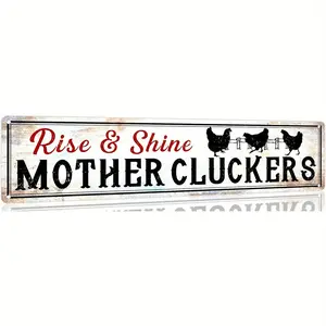 Vintage Metal Tin Sign, 16x4 Inch Retro Chicken Coop Decor with Silhouettes of Hens, Farmhouse Country Style Wall Plaque for Kitchen or Home, Chicken Decor