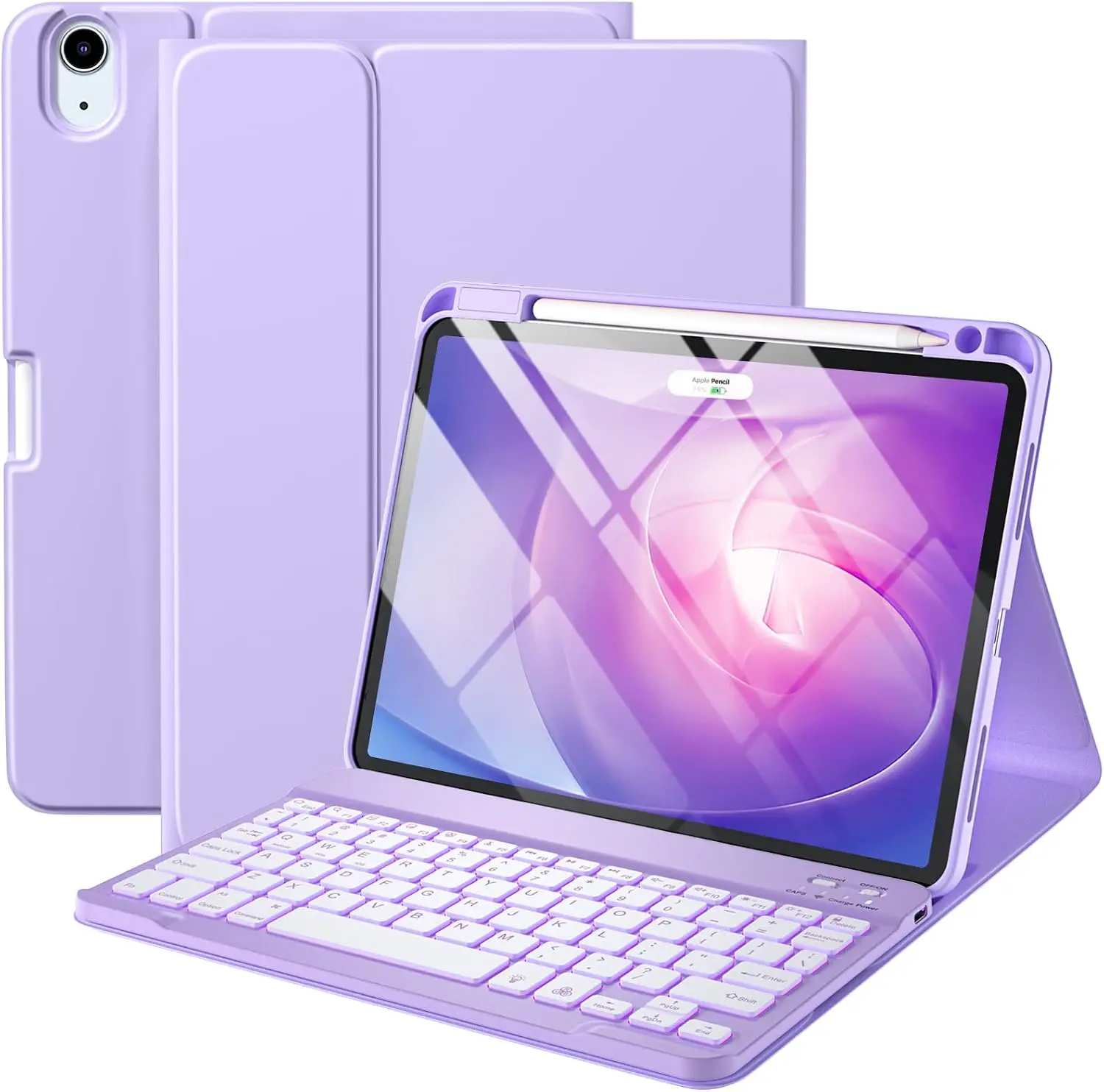 Harvopu Bluetooth Tablet Case with Detachable Keyboard for iPad Air 11-in M4/M3/M2 & 10.9-in 5th/4th Gen, 7-Color Backlit Folio Cover with Pencil Holder, Purple