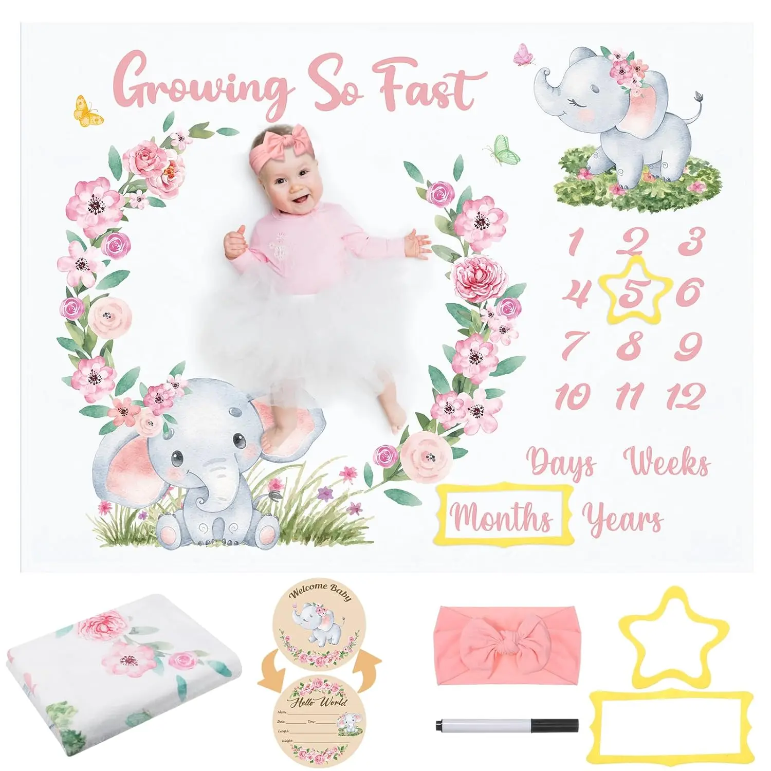 Milestone Blanket Monthly Milestone Blankets for  Girls   Blankets Photography Background Fleece Blankets with Wooden Signs, Frames, Bow Headband 50x39 inches
