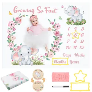 Milestone Blanket Monthly Milestone Blankets for  Girls   Blankets Photography Background Fleece Blankets with Wooden Signs, Frames, Bow Headband 50x39 inches