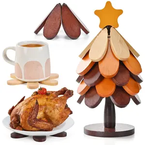 Wooden Heat-Resistant Pad Set, Tree Design Five-Piece with Stand, Foldable Kitchen Wood Pad, Suitable for Pots Bowls Cups, Wooden Coasters, Home Decor Gift