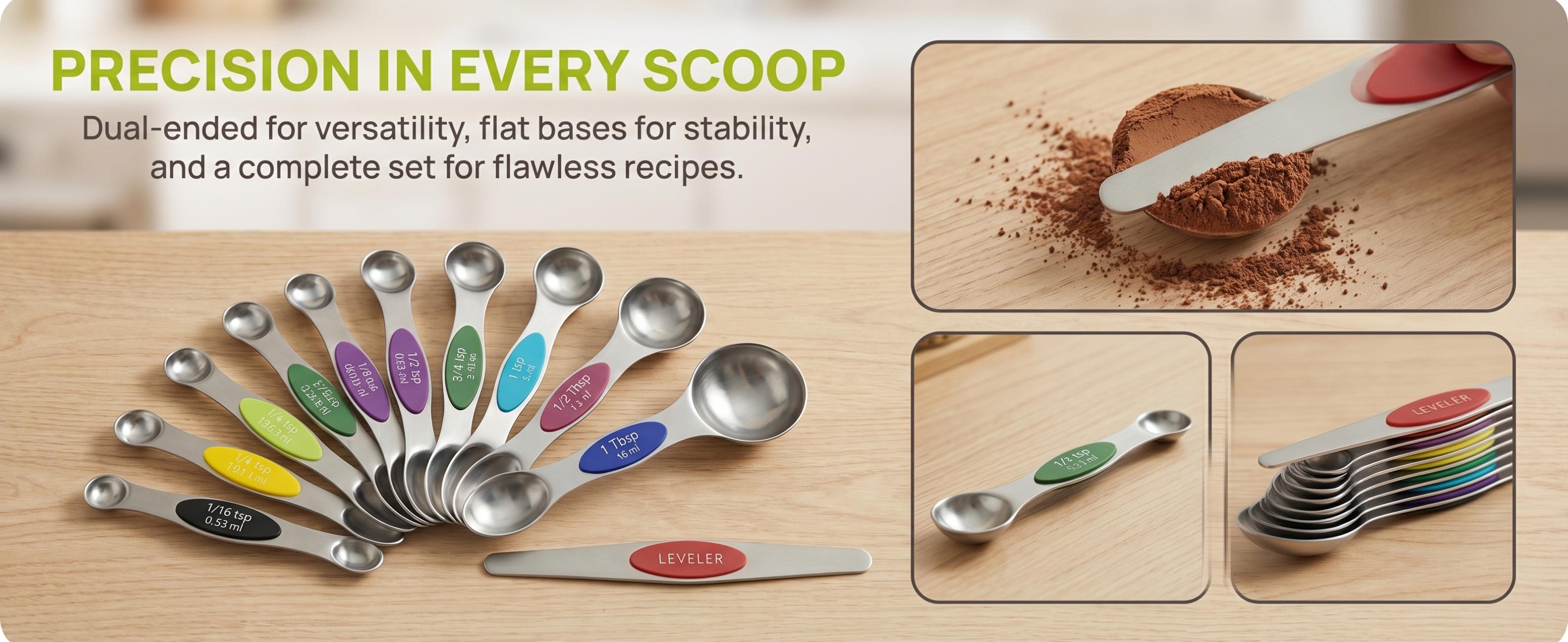 Colorful Magnetic Measuring Spoons (9-Piece) – Stackable Double Sided Stainless Steel Set with Leveler, Modern Kitchen Gadgets for Precise Baking