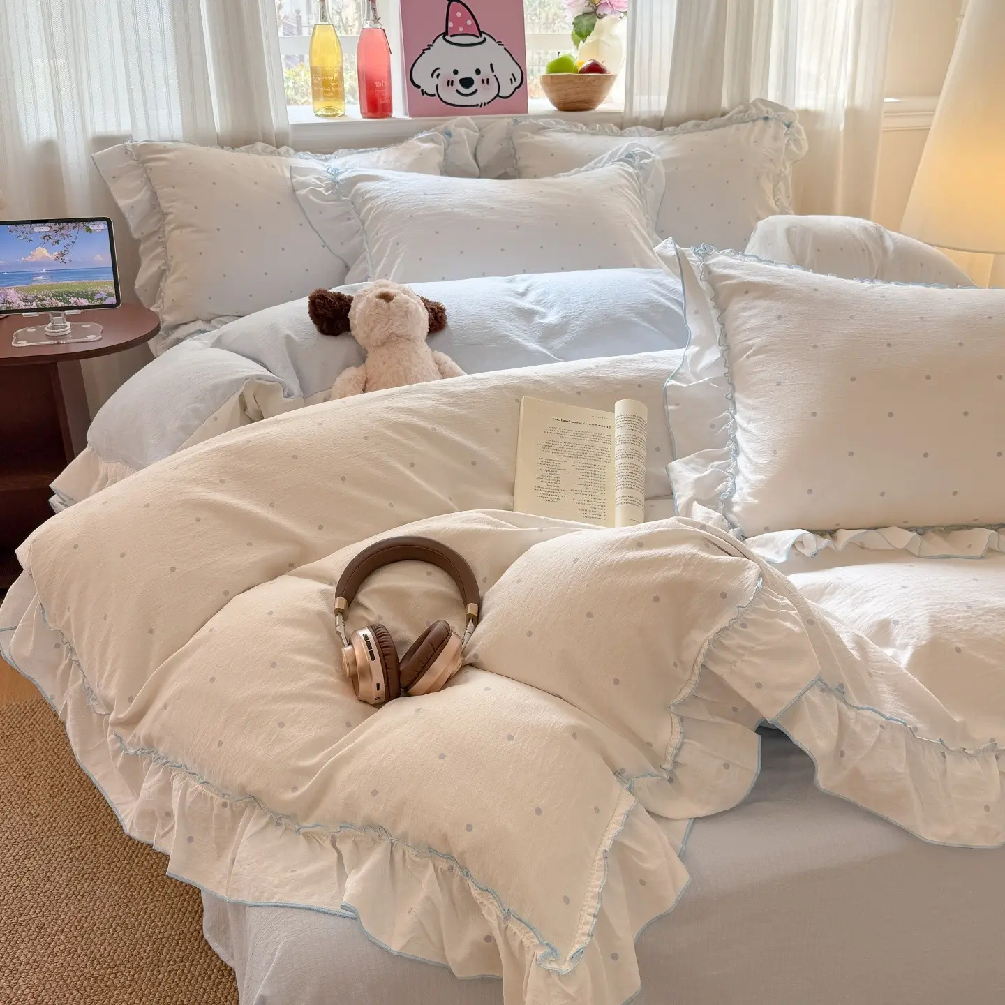 3pcs Blue Polka Dot Comfy Bedding Set, 1 PC Duvet Cover + 2 Pcs Pillowcases, Single Twin Double Queen Size, All Seasons