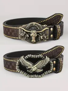 2pack Western Cowboy PU Leather Belt, Men's Waist Strap with Bull Decoration, Floral Engraved Studded Punk Fashion Belt for Jeans, 41-43" Waist, All Seasons