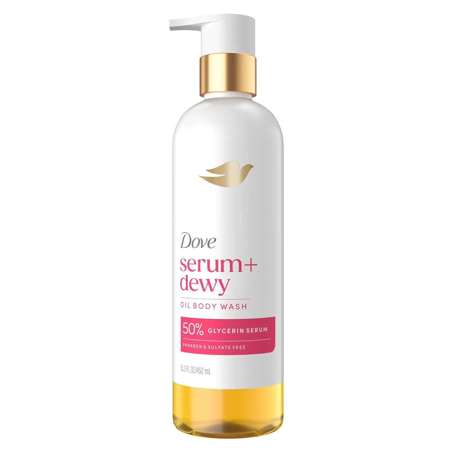 Dove Serum+ Shower Oil Body Wash Dewy, Coconut & Geranium Oil, 15.3 fl oz | Hydrating shower oil body wash with glycerin serum for soft, dewy skin without greasy residue
