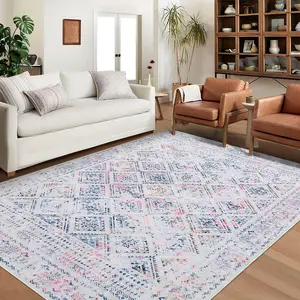 Washable Area Rug Moroccan Style Rug Distressed Floral Rug Low Pile Soft Carpet House Rug for Living Room Dining Room Office Colorful