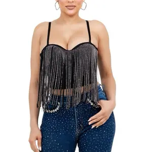 Lyssa Top-TASSEL FRINGE BRA-CUP & CORSET TANK CROP TOP - Stone & Rhinestone tassel fringe - Corset & Bra cup - Tank & Crop body - Model is wearing a size SM (5'7"-34-26-39) Fabric Contents: 95% POLYESTER / 5% SPANDEX