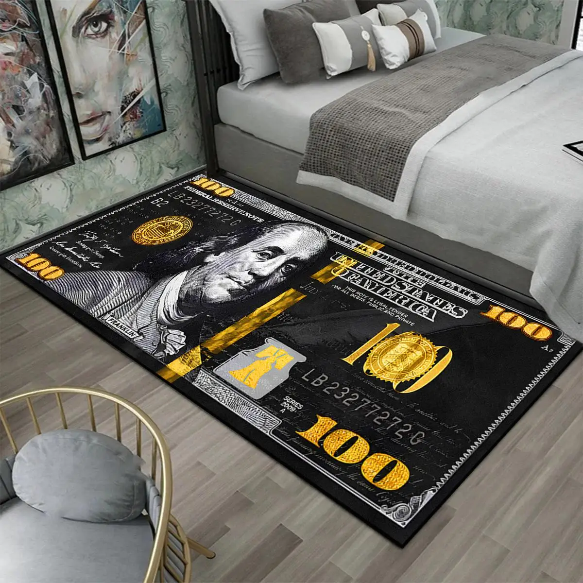 100 Dollar Pattern Carpet, 1 Count Non-slip Soft Floor Mat, Rectangle Home Decorative Rug for Living Room Bedroom