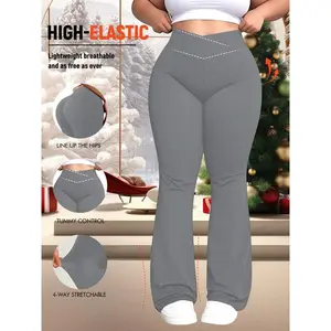 Women's Plus Size Cross Waist Flare Pants, High Elasticity, Sweet Daily Wear, Commuter Pants, Fashionable Comfort, All Seasons Best Choice