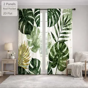 2Pcs Tropical Botanical Gold Green Leaf Sun Blocking Curtains Digital Printed Rod Pocket, Window Treatment For Bedroom Office Kitchen Living Room Study Home Decor