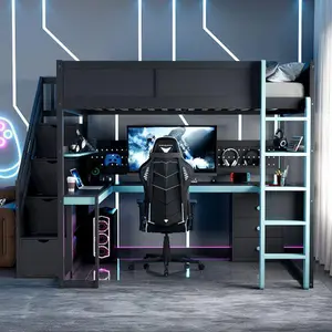 Twin/Full Size Gaming Loft Bed with Built-in Desk and Storage Stairs for Teens/Adults Bedroom, Space-Saving  Wooden Bed Frame with Shelves/Pegboard/Safety Guardrails, No Box Spring Needed-Black+Blue