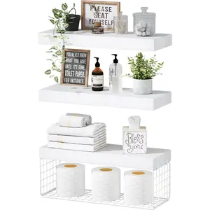 Bathroom Shelves Over Toilet - Wall Mounted Floating Shelves Toilet Paper Storage Small Farmhouse Decor Shelf 16 inch Set of 3, White (019-W3)