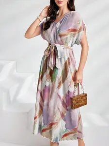 Women Summer Tie Dye Print Overlapping V-Neck Batwing Short Sleeve Maxi Elegant Dress