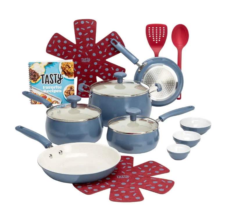 Tasty Clean Ceramic  Non-Stick Aluminum Cookware Set in Slate Blue – Durable, Toxin-Free, Even-Heating Pots & Pans with Utensils