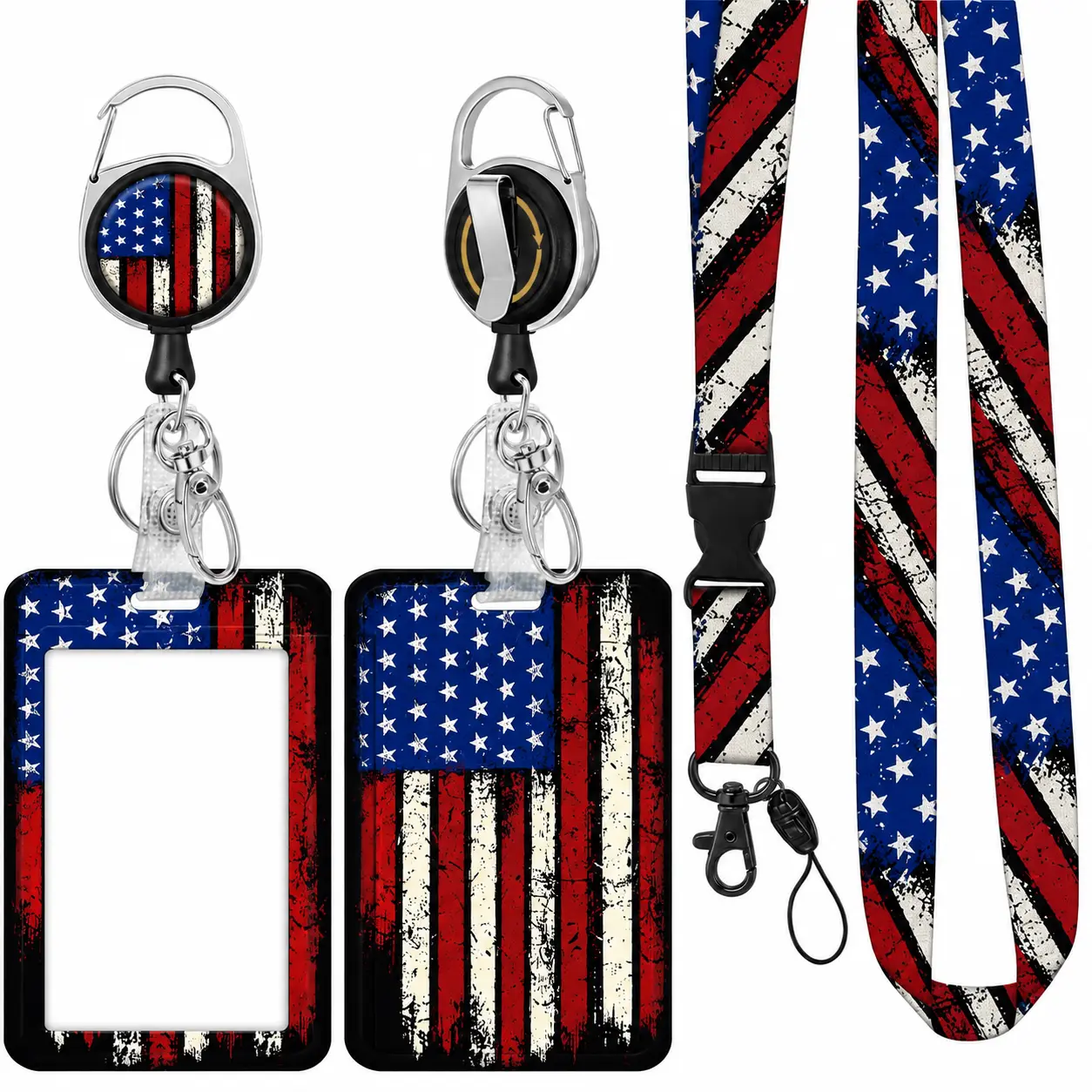 American Flag Vertical ID Badge Holder with Retractable Badge Reels Clip, Detachable Lanyard, 360-Rotate Carabiner for Keys, Women's Teacher Office Work Use & Gifts