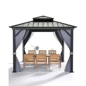 Galvanized Steel Hardtop Gazebo, Double Metal Roof Outdoor Pavilion with Netting & Curtains, All-Weather Shelter for Patio Garden Deck Lawn Backyard