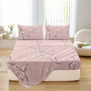 4-Piece Multicolor Floral Print Bedding Set with Bed Sheet  ,  Bed Cap, and Pillowcases (1  Bed Cap + 1  Bed Sheet + 2 Pillowcases; Without Pillow Core), Soft and Comfortable, Deep Pocket 15" Inches, Christmas Gift for Bedroom or Dorm Room Organic Cotton