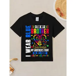 I Wear Blue for My Brother Boys T-Shirt Autism Awareness Puzzle Heart Graphic Kids Casual Tee (3-13Y)
