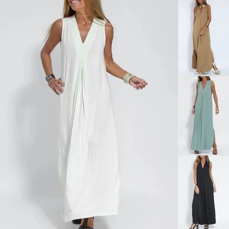 Casual Sleeveless Maxi Dress New Solid Color Pullover V-Neck Dress Cardigan Coat Set for Women