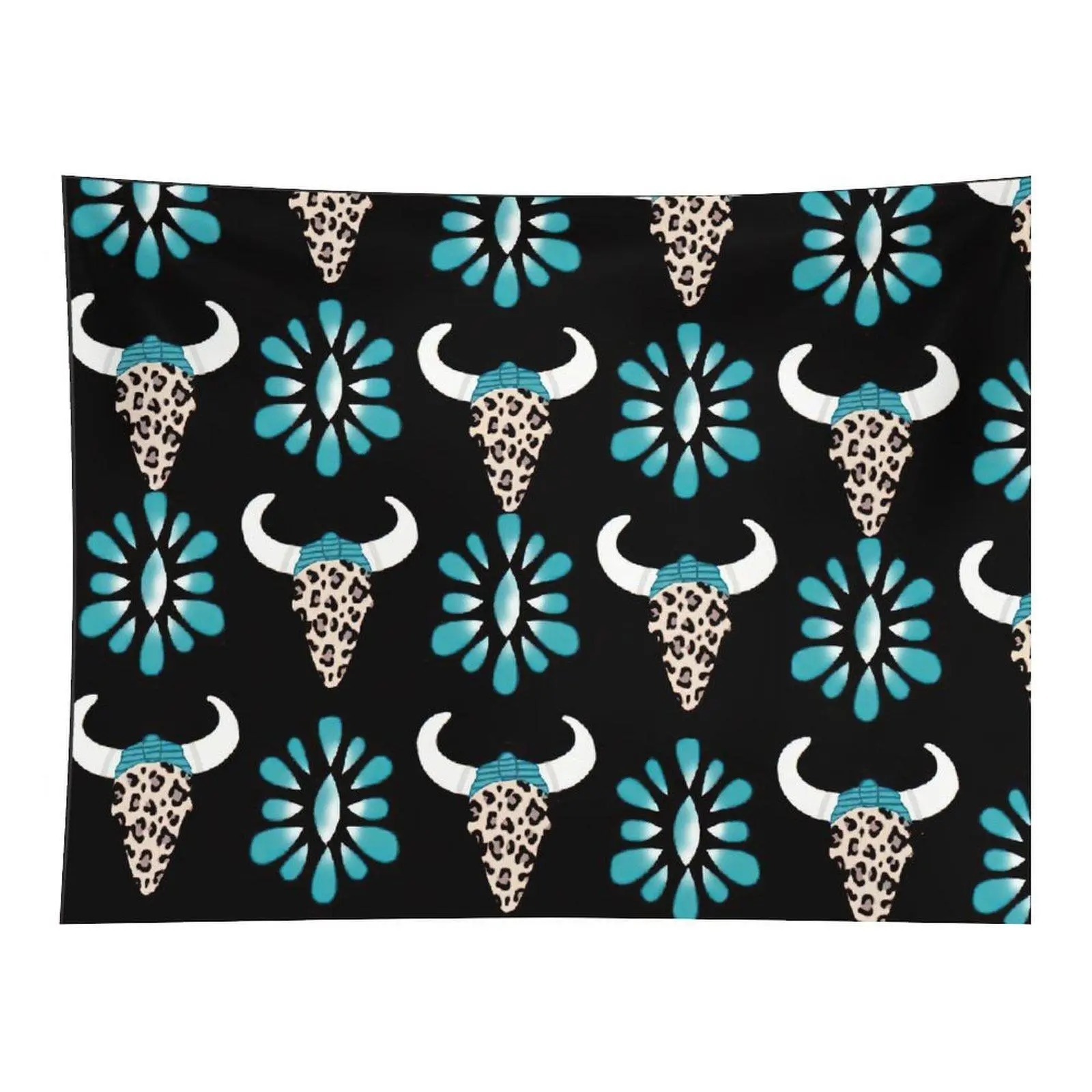 Western Bull Skull Tapestry Turquoise Flower Wall Hanging, Boho Cow Skull Pattern Tapestry for Bedroom Dorm Decor