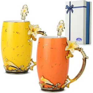 BTT- Florl Cermic Mugs with Spoon, Set of 2, Yellow nd Ornge, Fncy Coffee Mugs with Spoon
